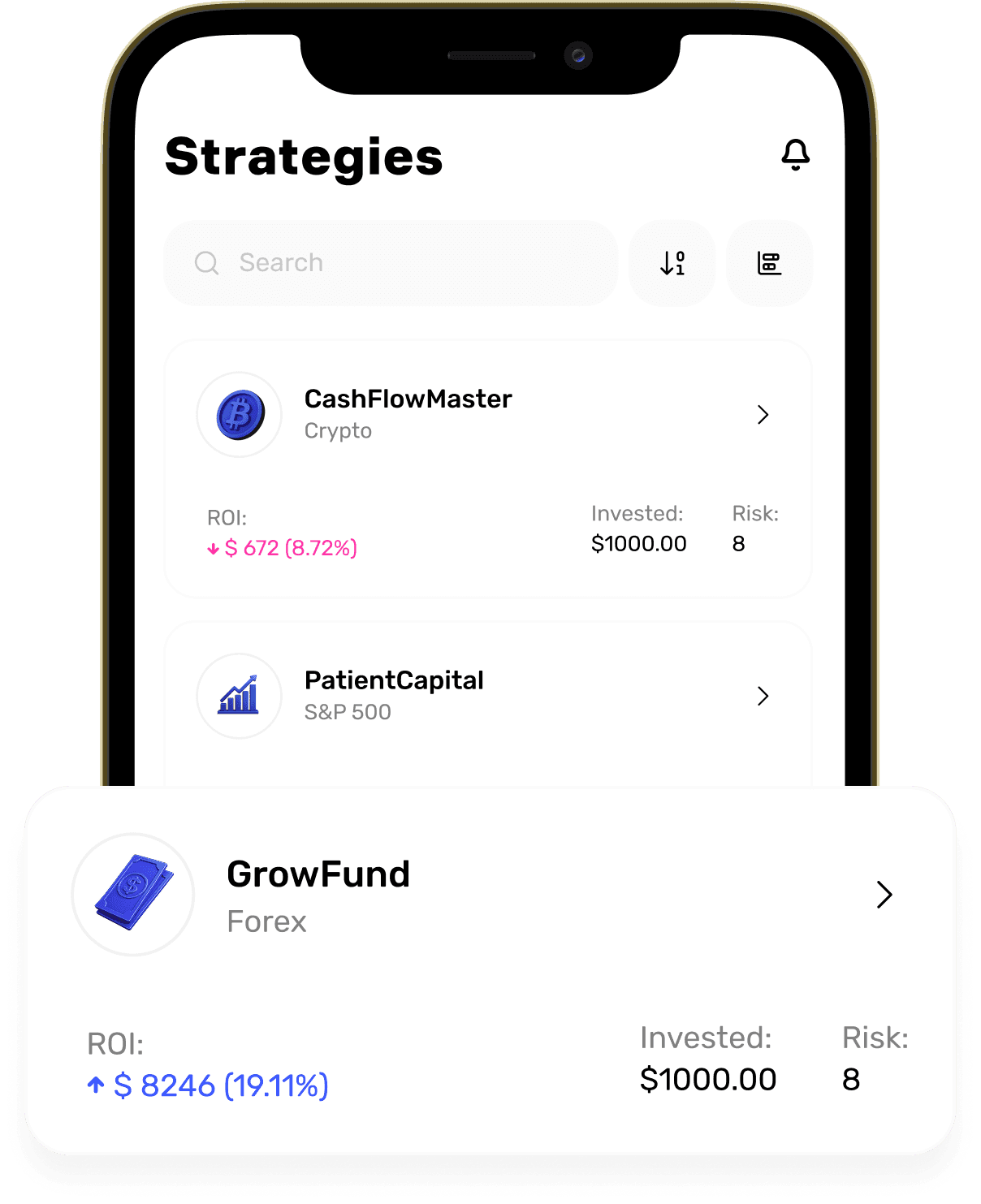 Mobile app showing strategy portfolio with performance metrics