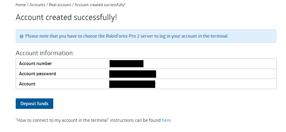 RoboForex account created details